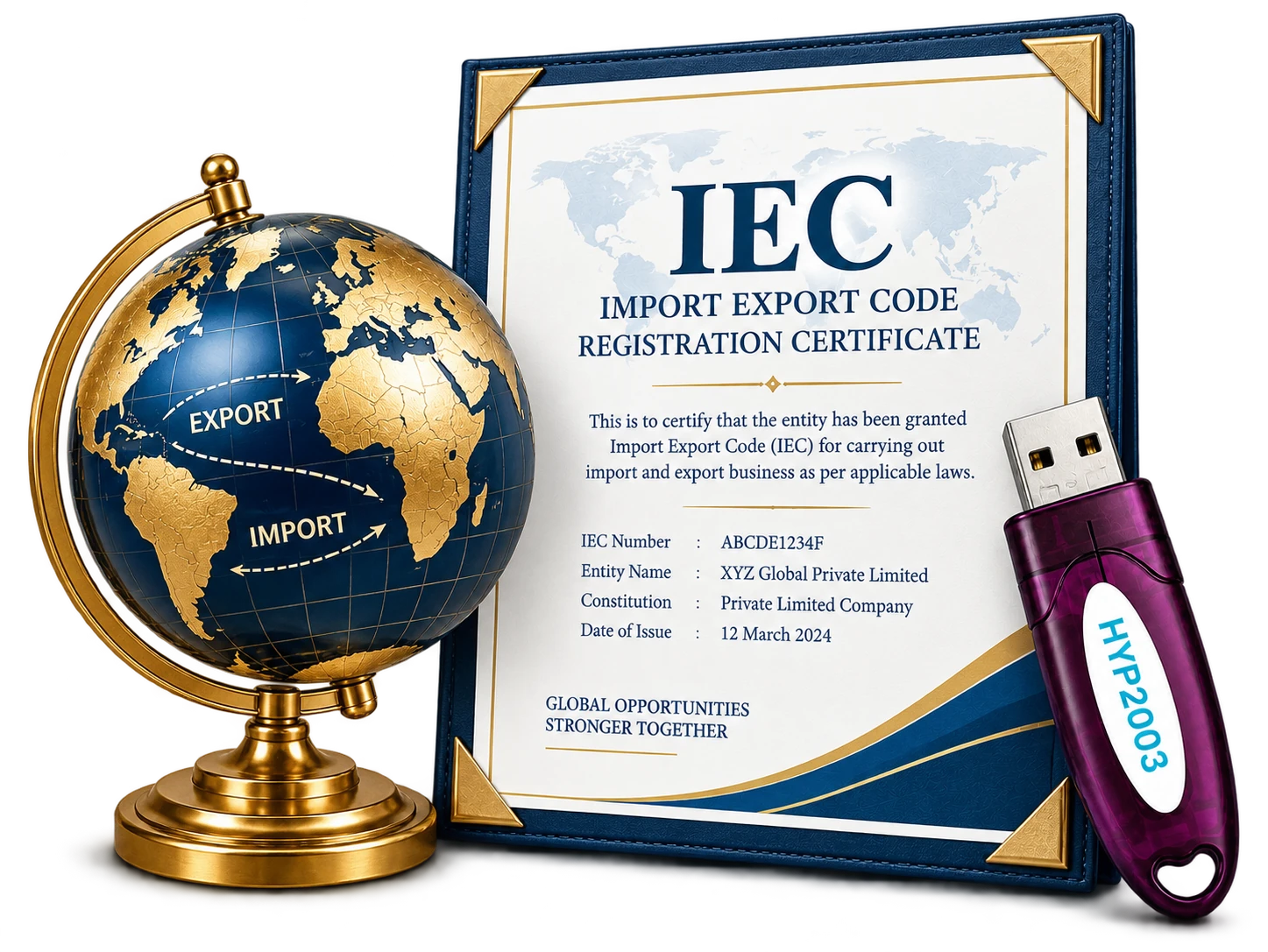 Export shipping container and globe with export documents and a DSC token
