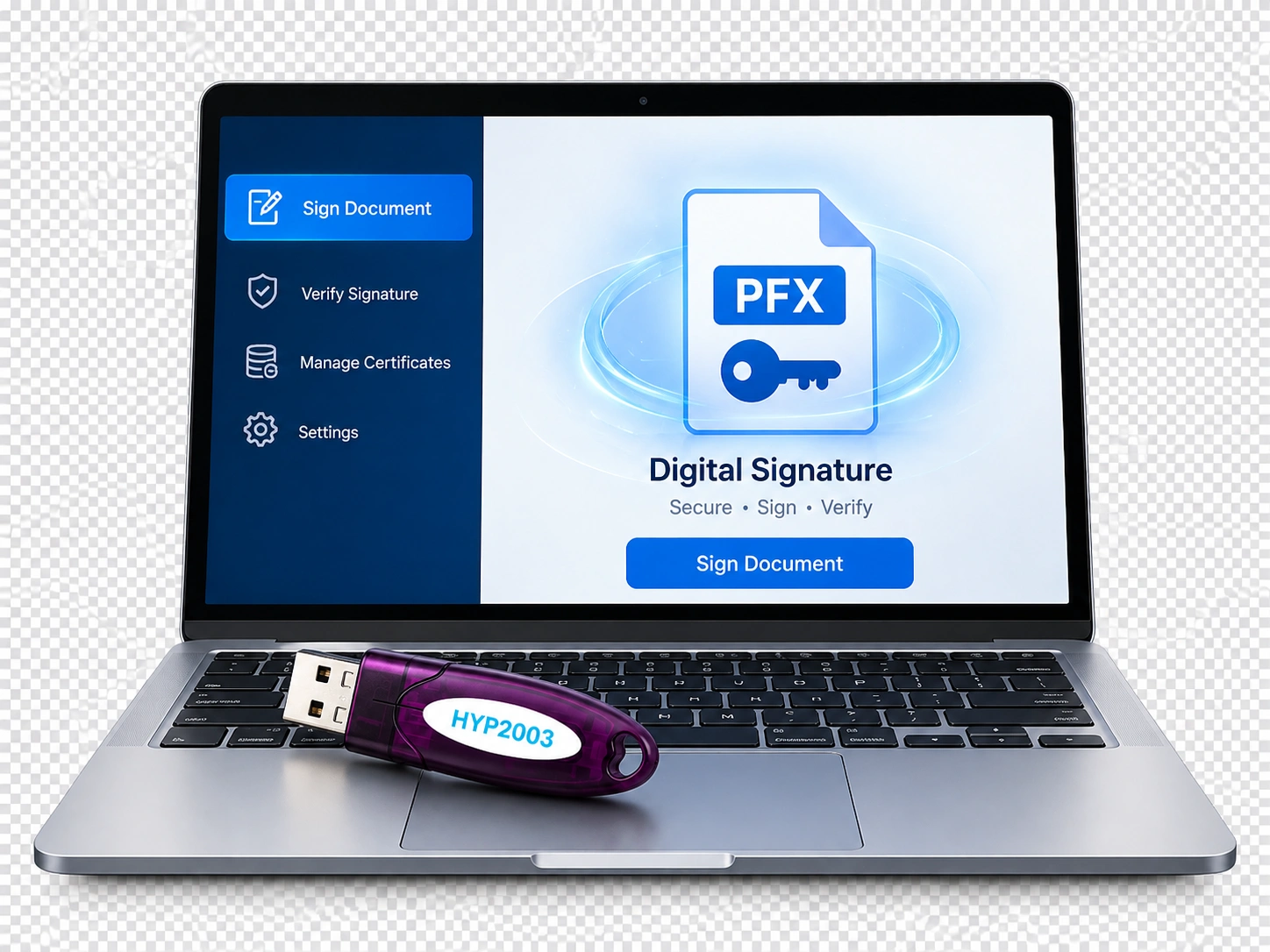 Laptop screen showing PFX digital signature software with a USB token