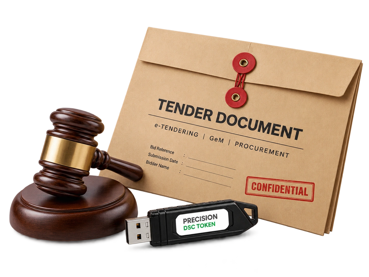 Tender document envelope and gavel with a DSC USB token for e-Tendering and GeM