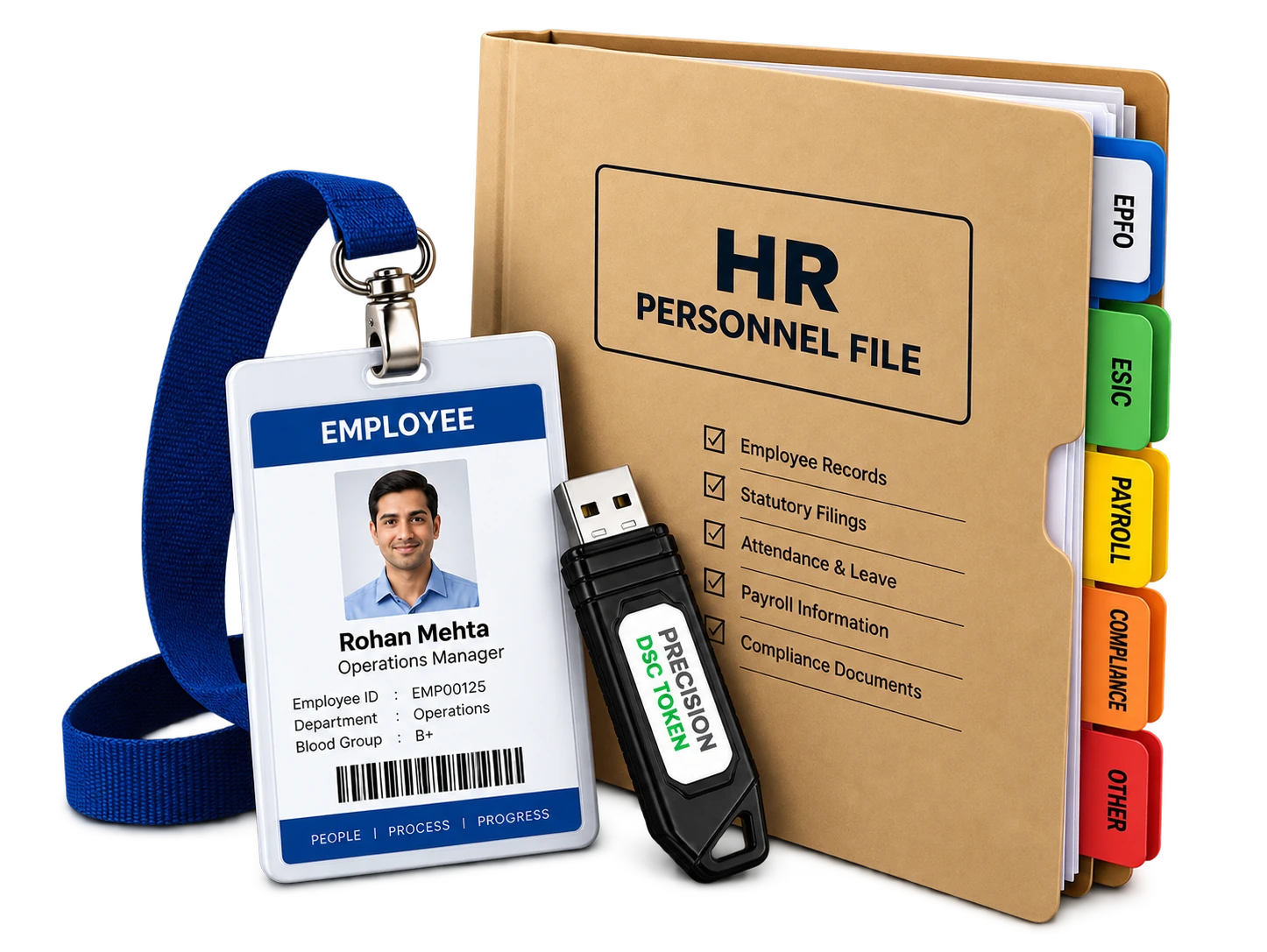 Employee ID card and HR personnel file with a DSC USB token