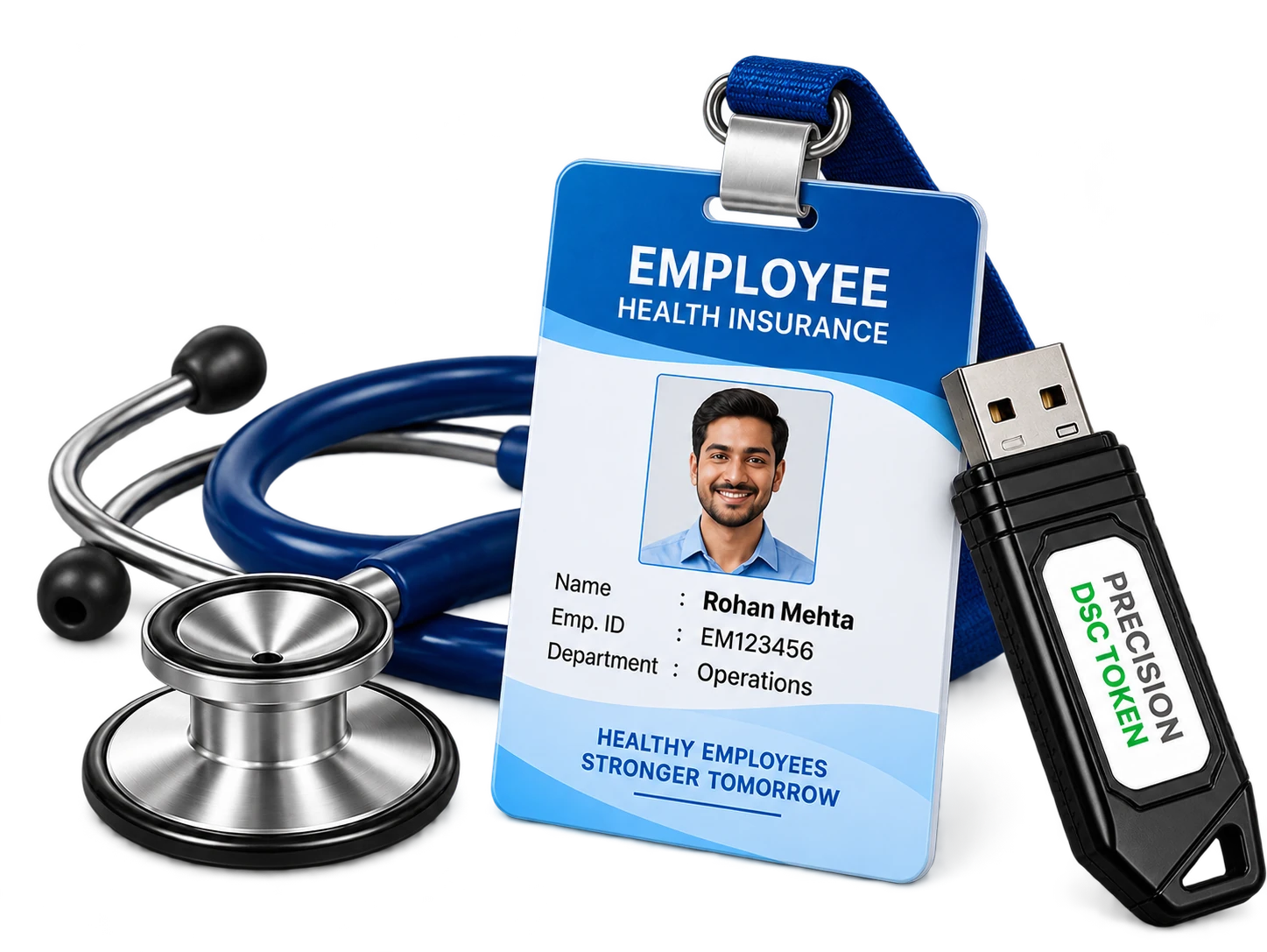 Employee health insurance ID card and stethoscope with a DSC USB token