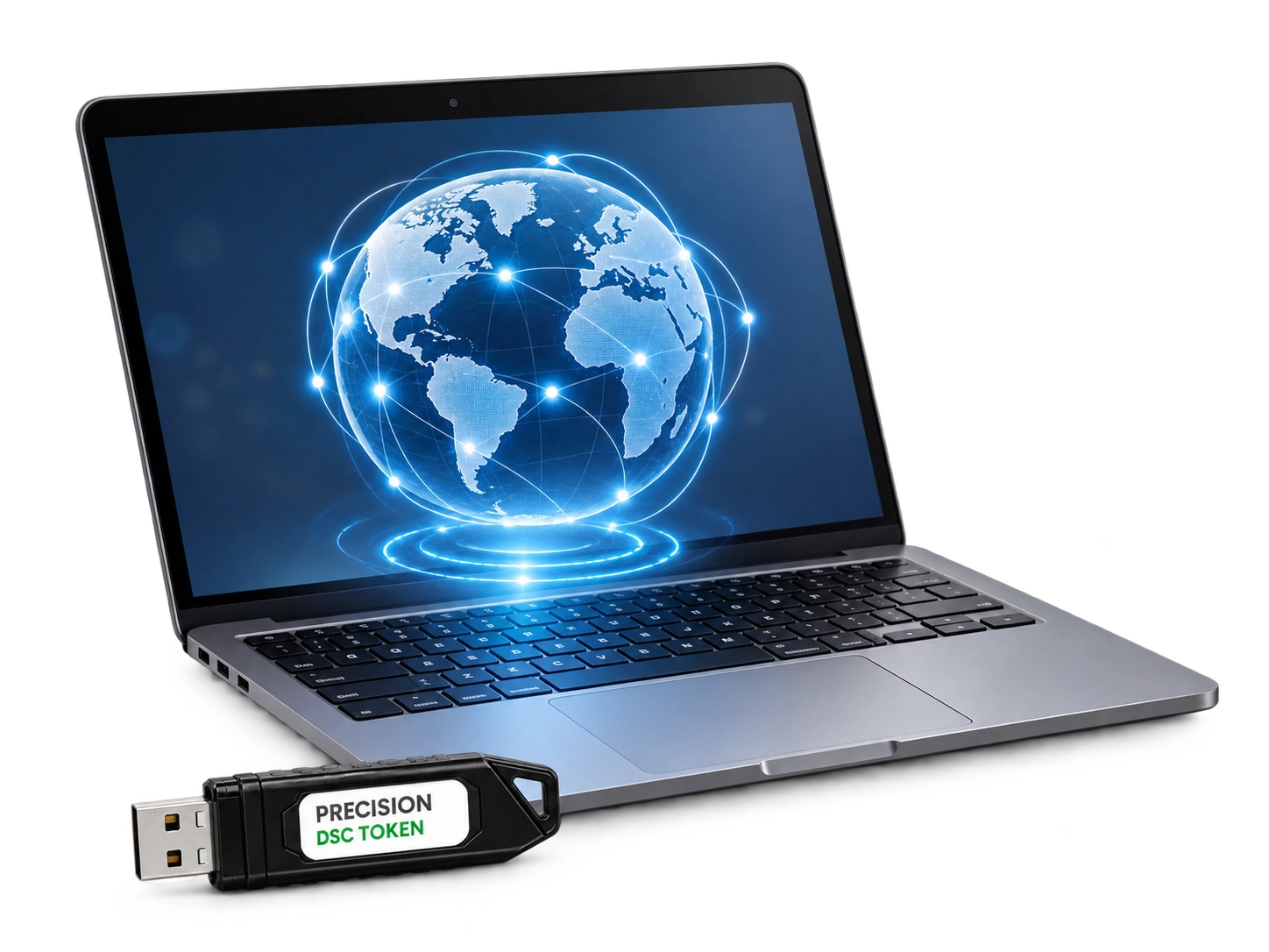 Laptop and USB DSC token representing digital signing for foreign organisations