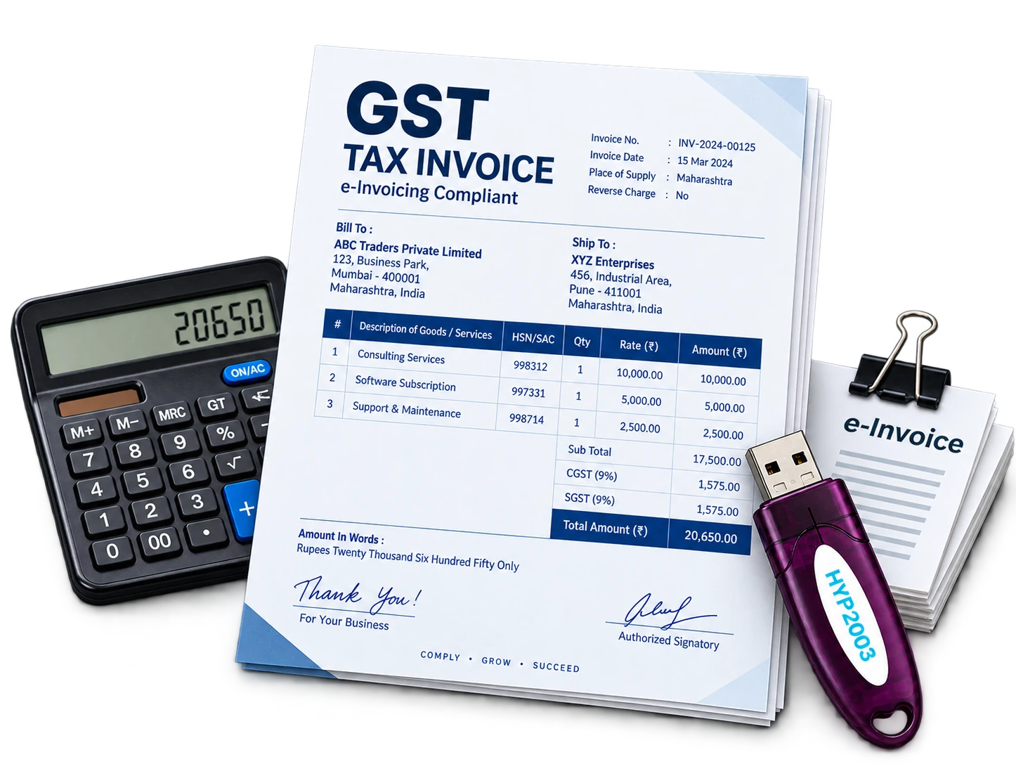 GST tax invoice, calculator and a Hypersecu DSC USB token