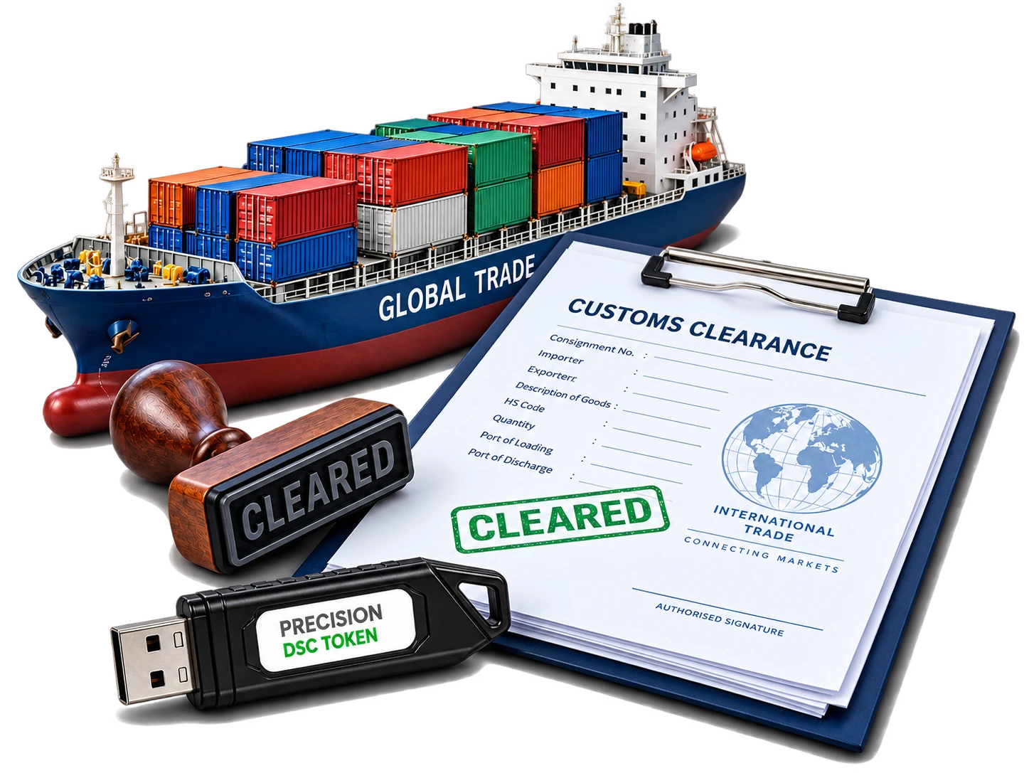 Customs clearance document and cargo ship with a DSC USB token