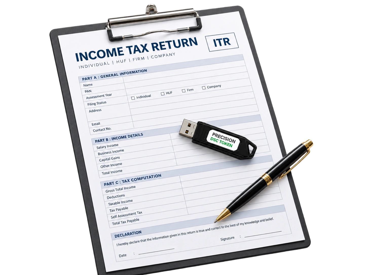 Income Tax Return form with a DSC USB token used for e-filing