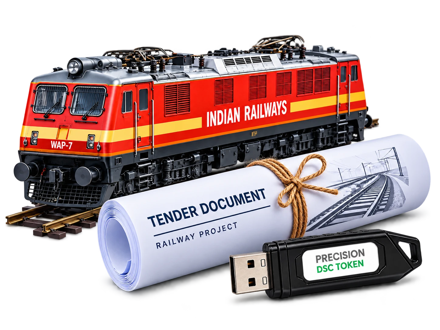 Indian Railways locomotive and rolled tender document with a DSC USB token