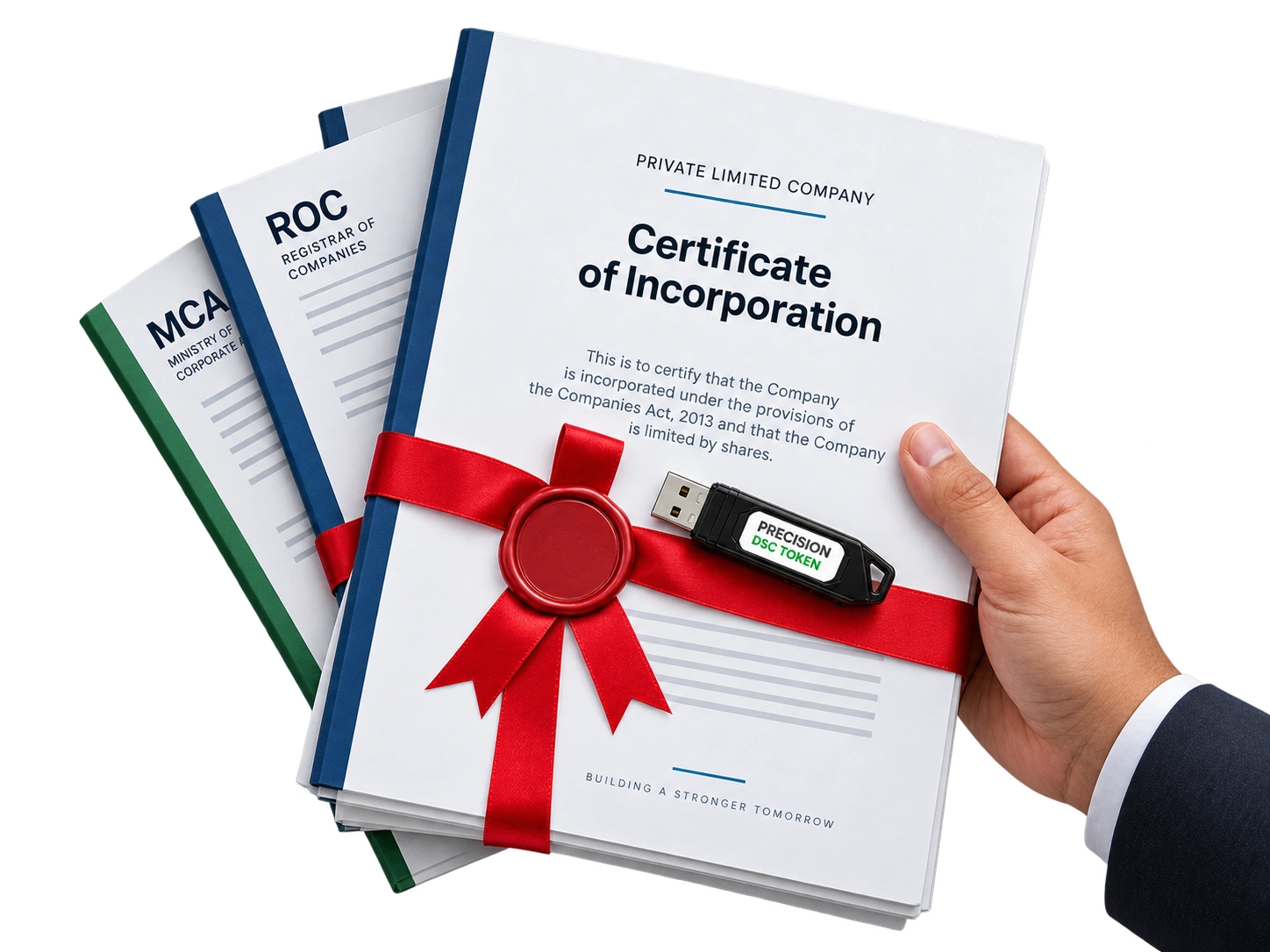 Certificate of incorporation with MCA and ROC filing folders and a DSC token