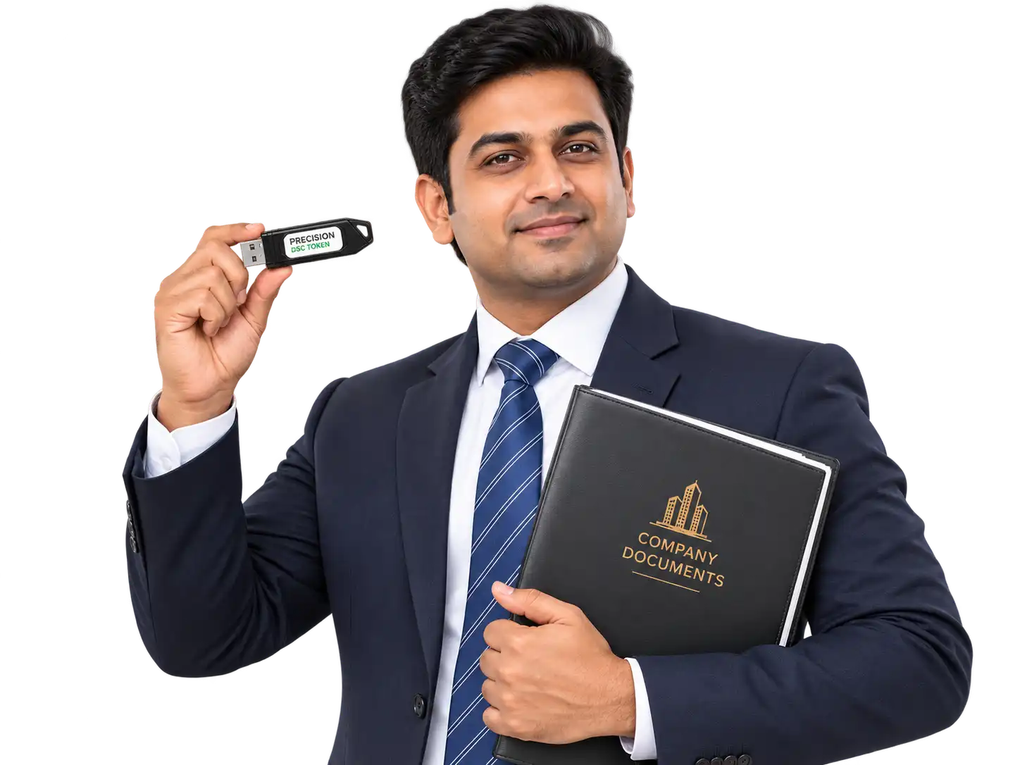 Businessman holding a Precision DSC USB token and a company documents folder