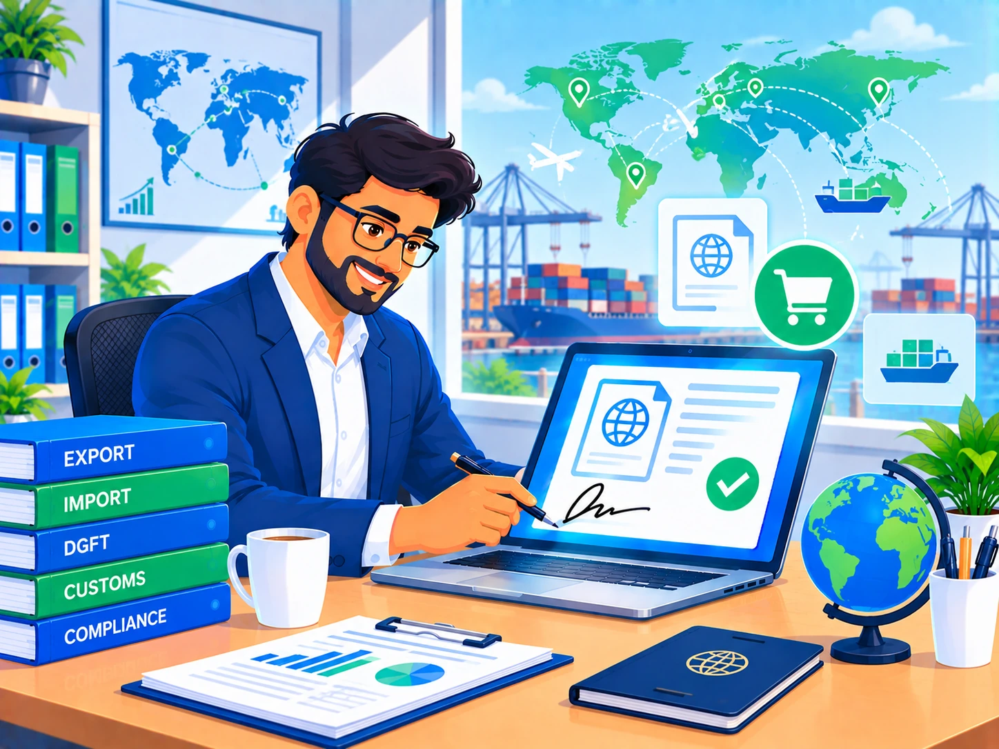Professional buying a Digital Signature Certificate for DGFT with a world trade map and shipping icons in the background