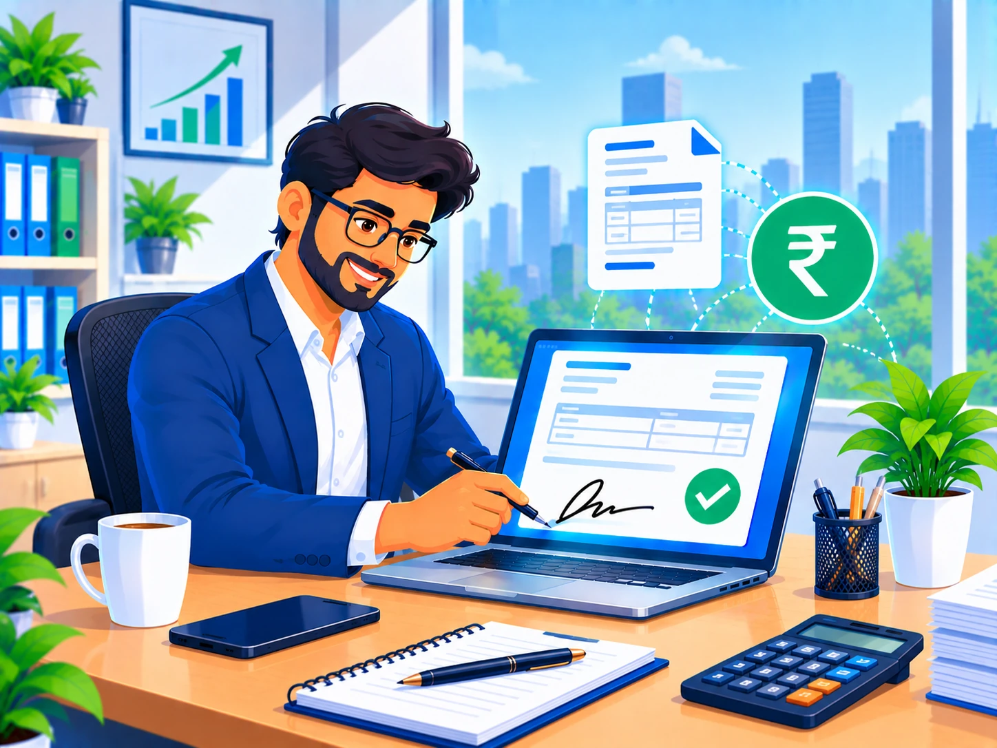 Professional digitally signing a business invoice on a laptop with a rupee icon nearby