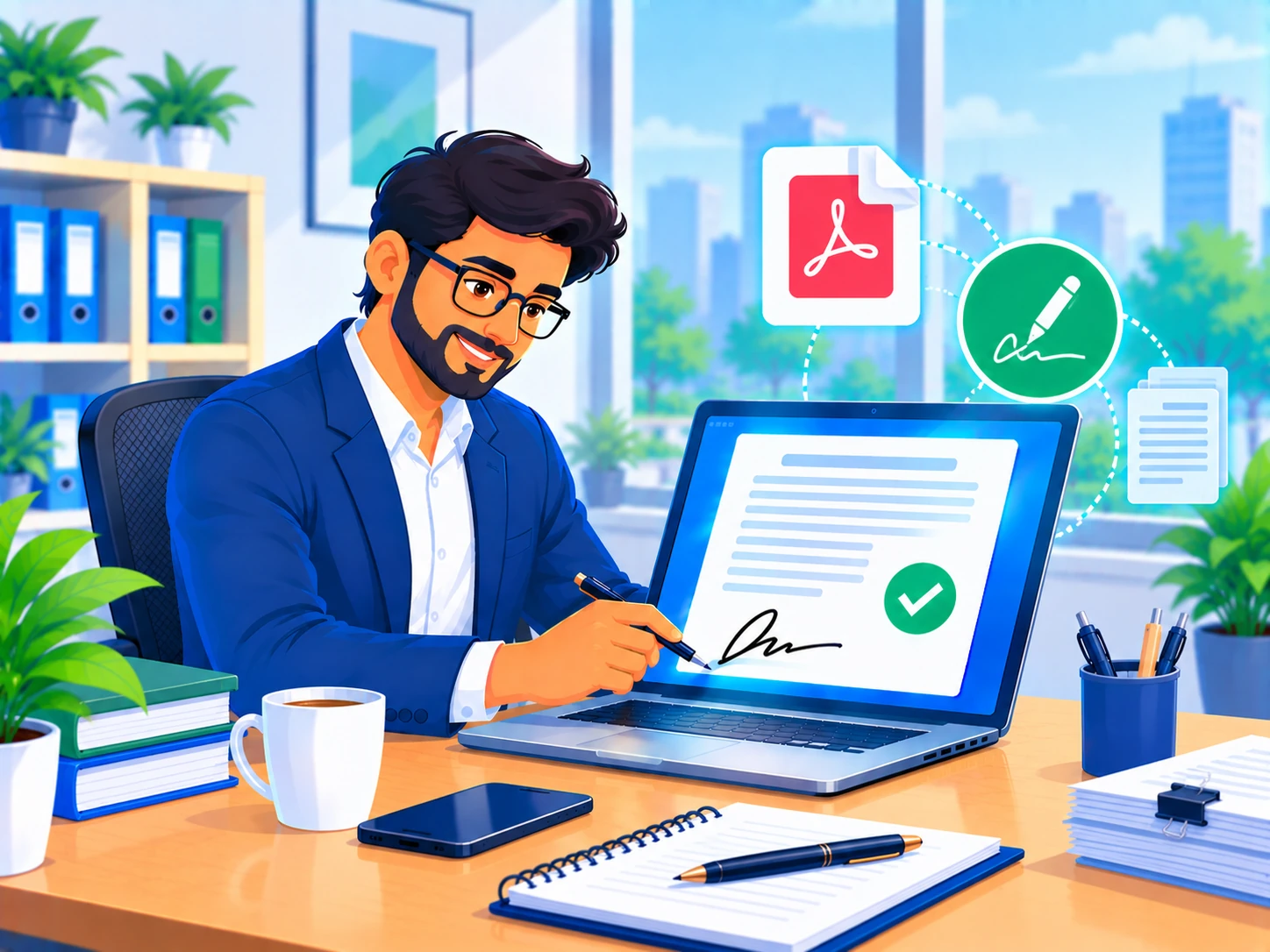 Professional digitally signing a PDF document on a laptop with a PDF file icon and signature icon nearby