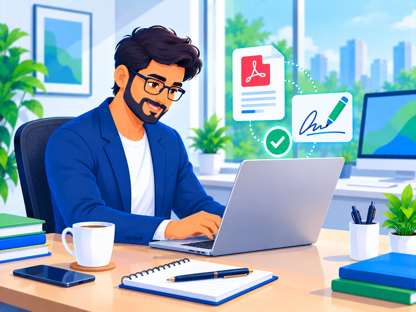 Professional digitally signing a PDF document on a Mac laptop with a signature icon nearby