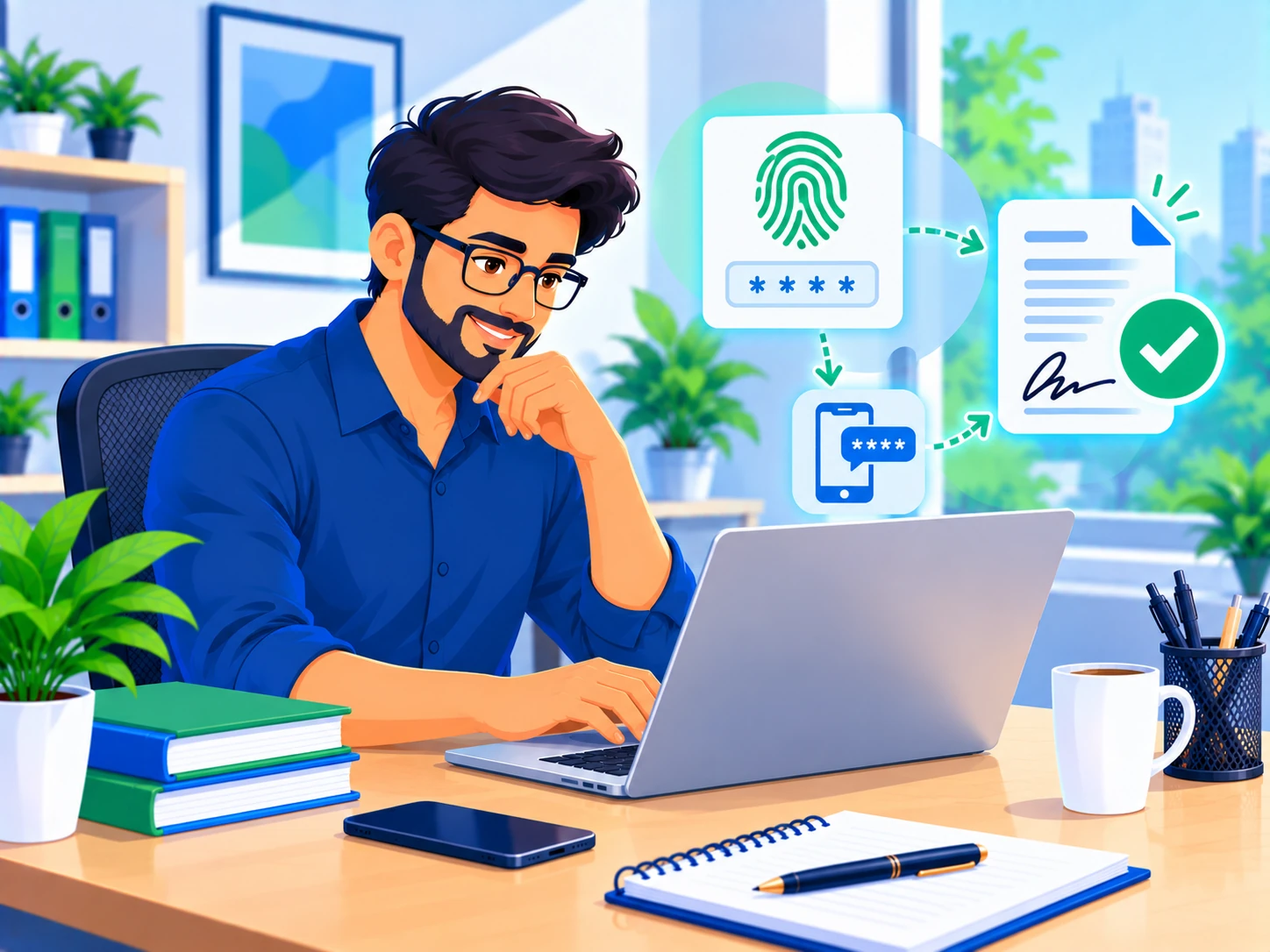 Professional completing an Aadhaar-based eSign on a laptop with a fingerprint and OTP icon nearby