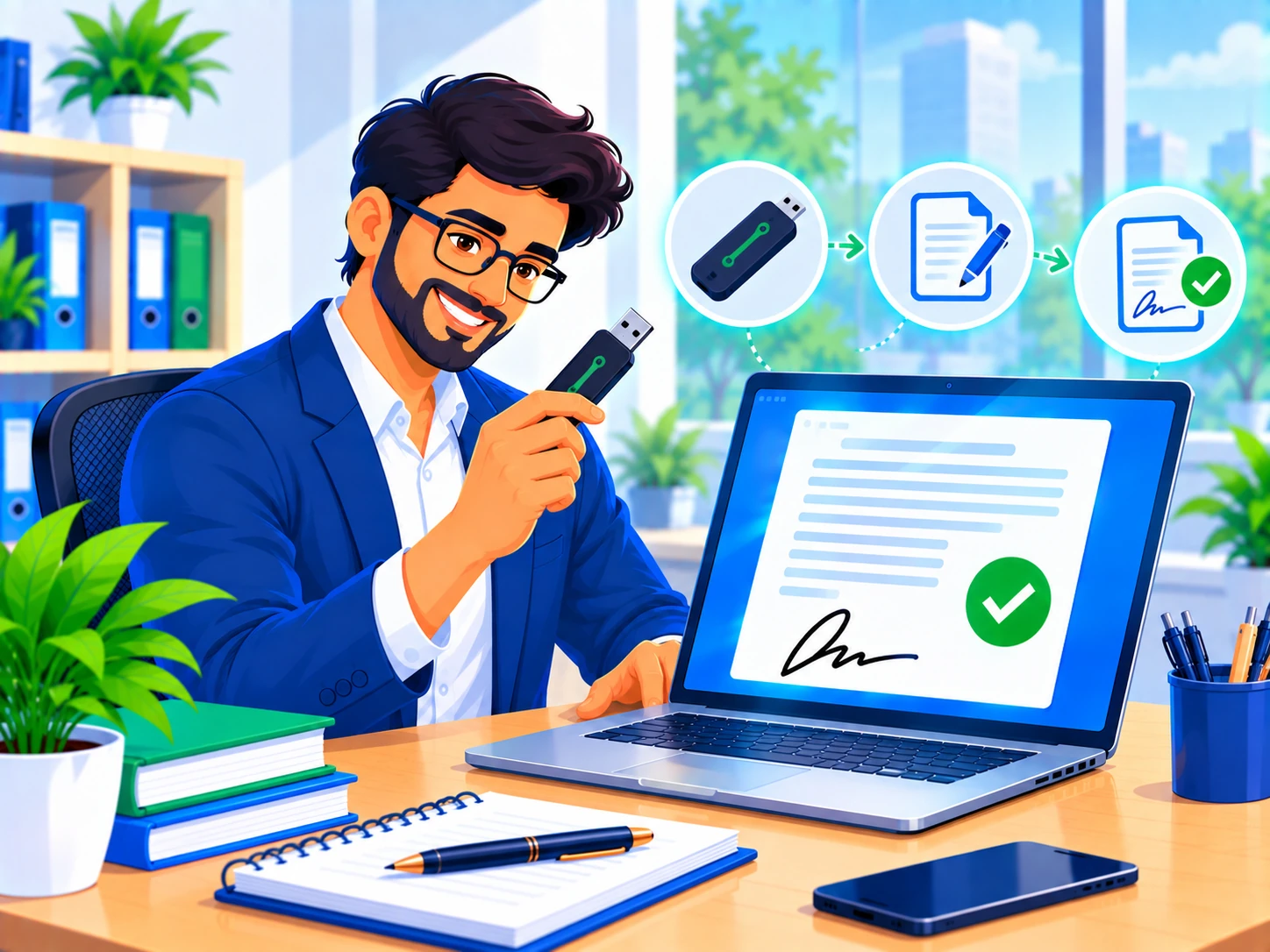 Professional creating a Digital Signature Certificate for the first time with a USB token near a signed document