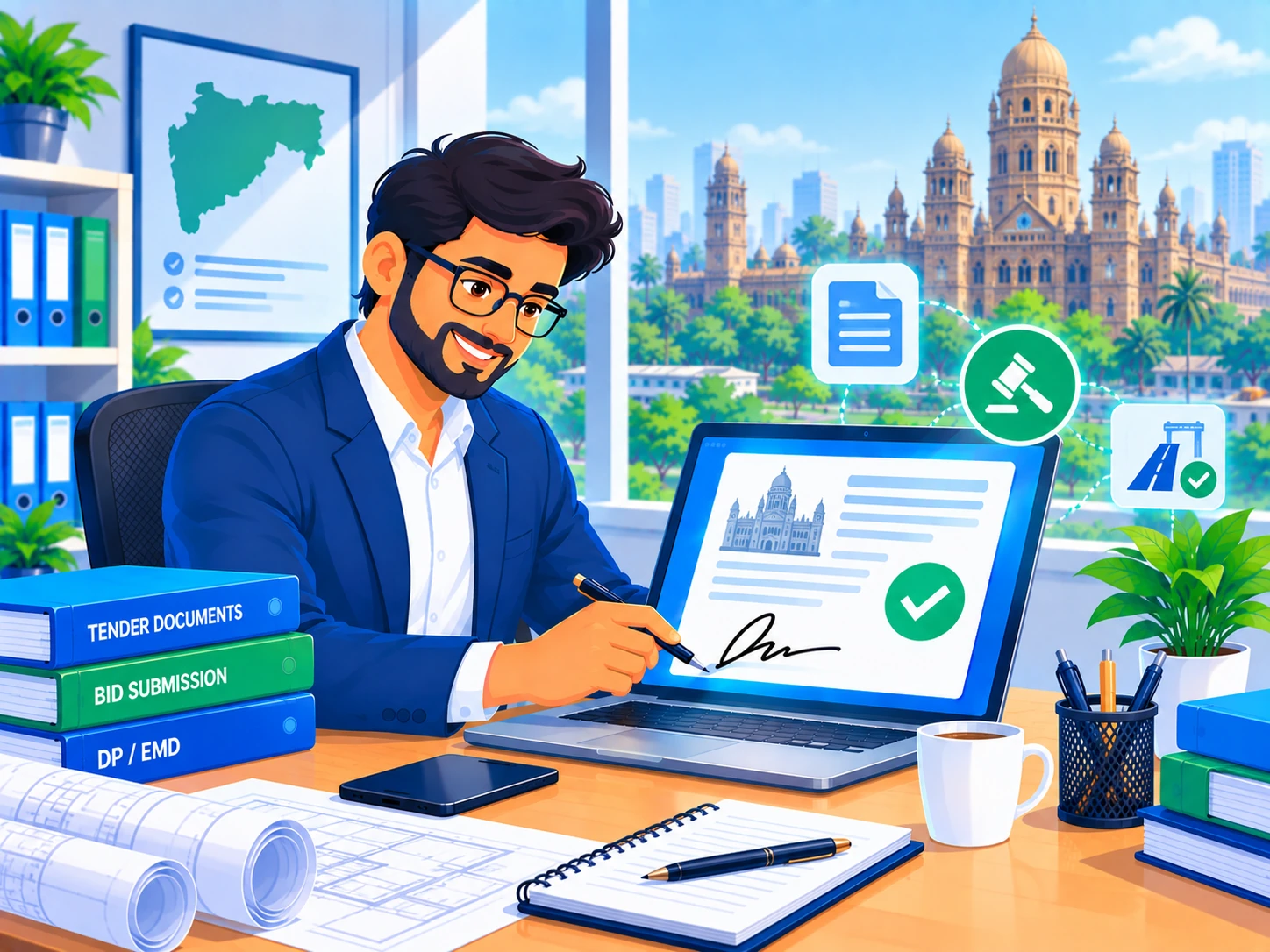 Professional registering a DSC on the Maharashtra e-tendering portal with a Mumbai landmark building in the background