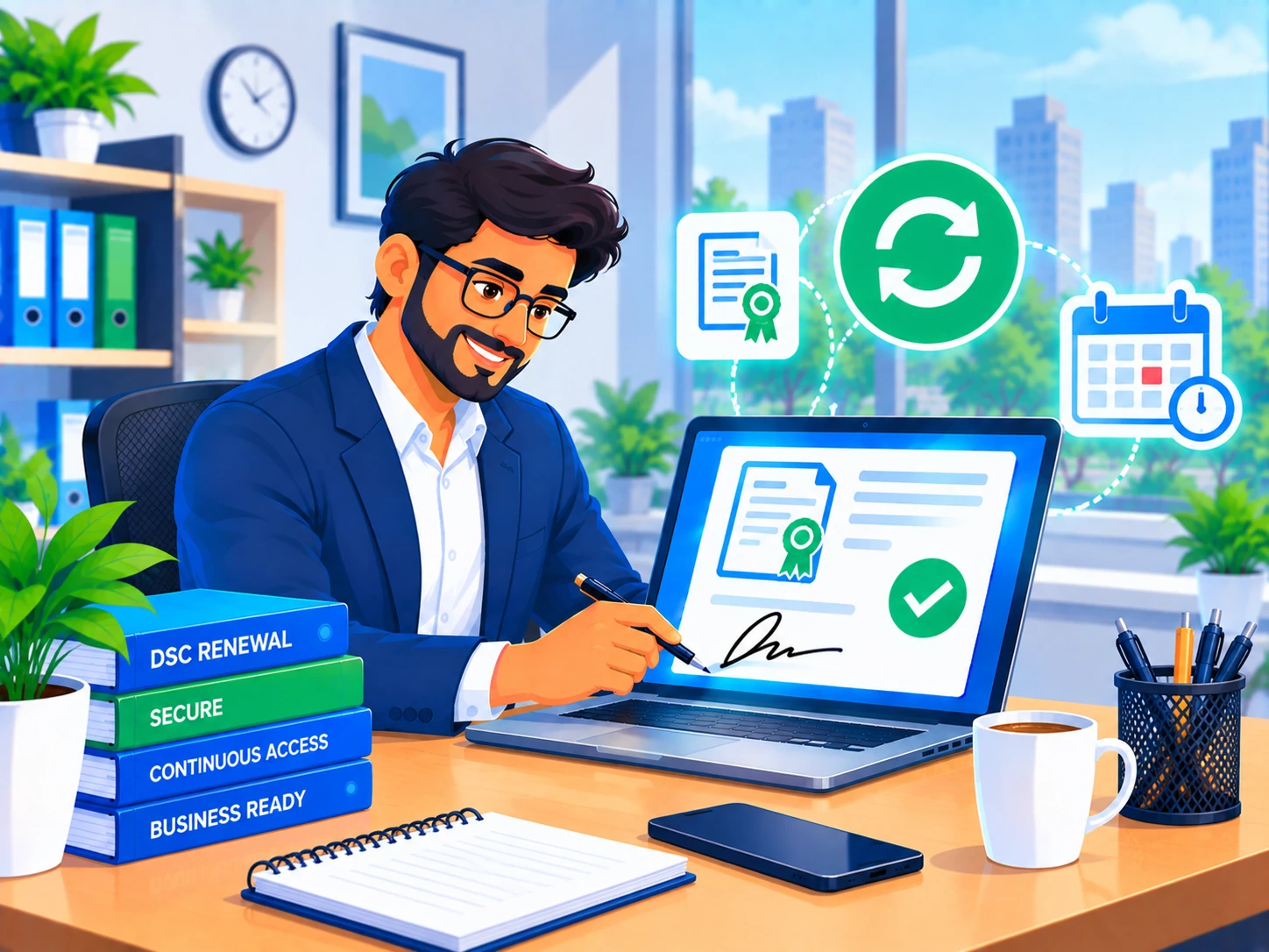 Professional renewing an expiring Digital Signature Certificate online with a renewal and calendar icon nearby