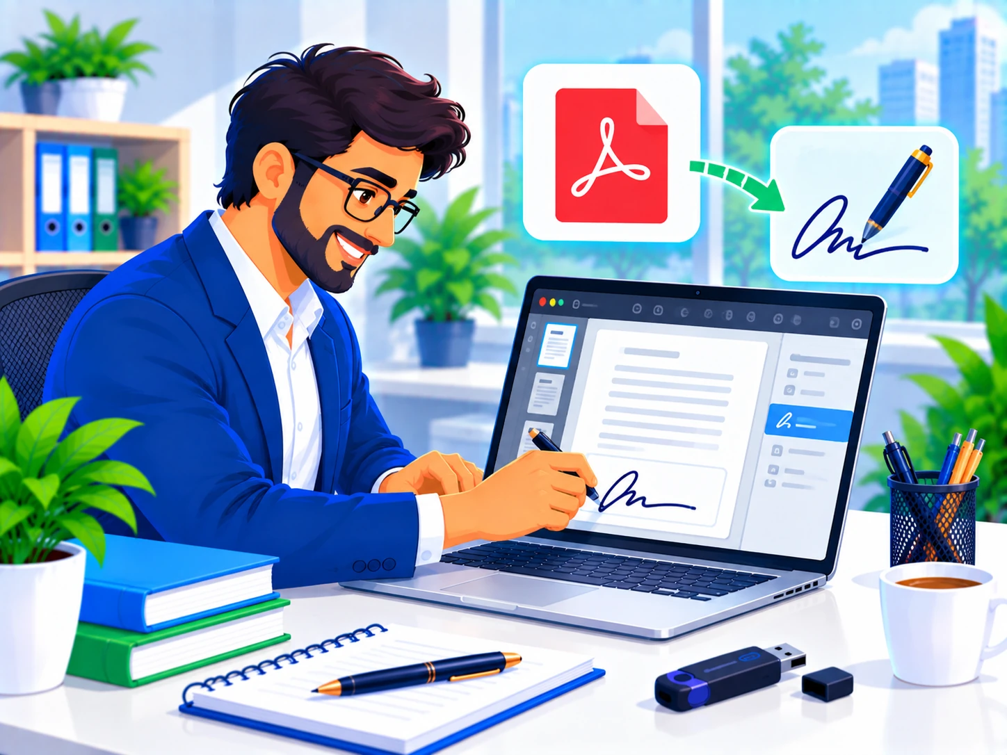 Professional digitally signing a document inside a PDF reader application on a laptop