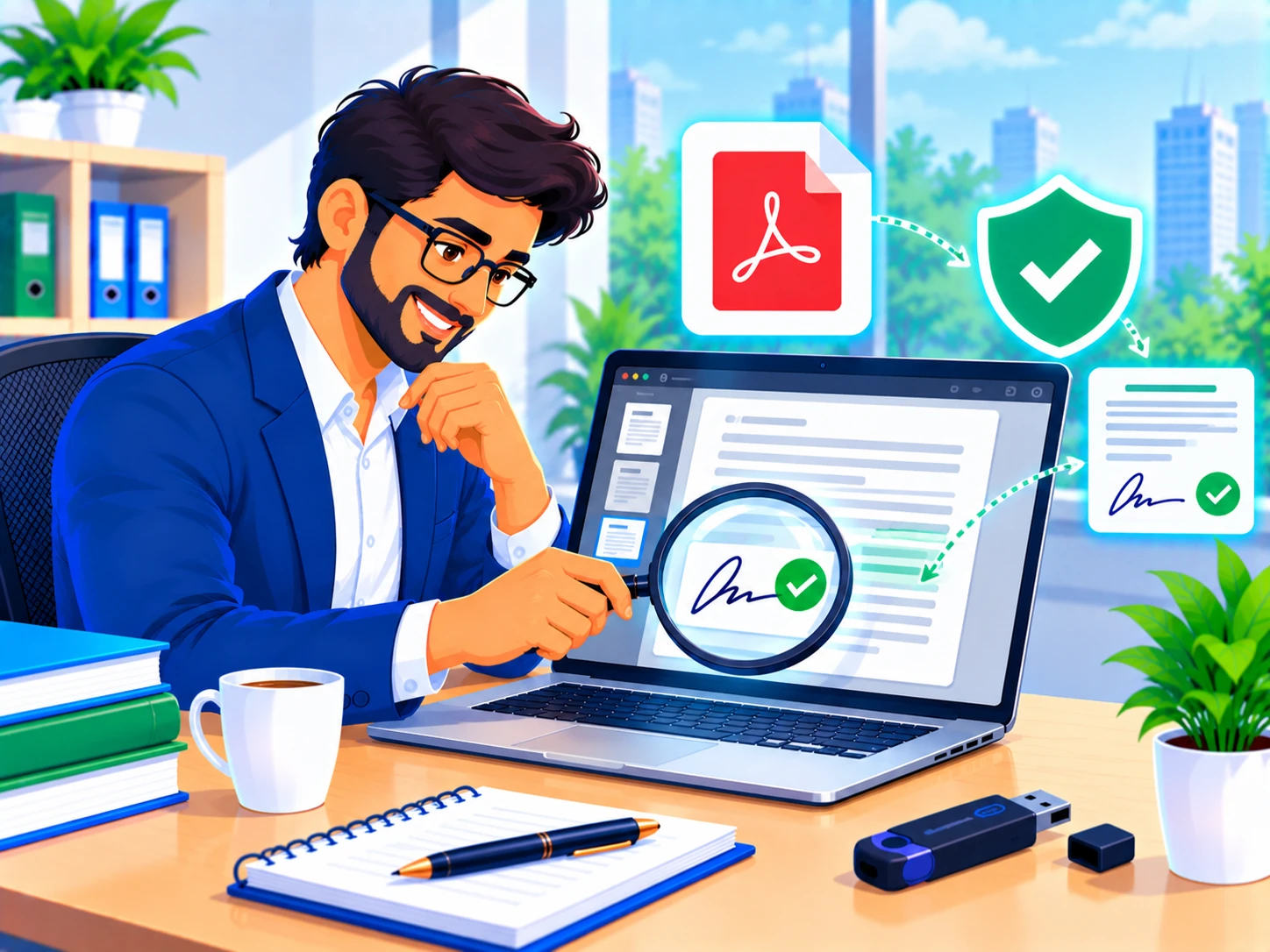 Professional validating a digital signature on a PDF document with a magnifying glass and verified checkmark