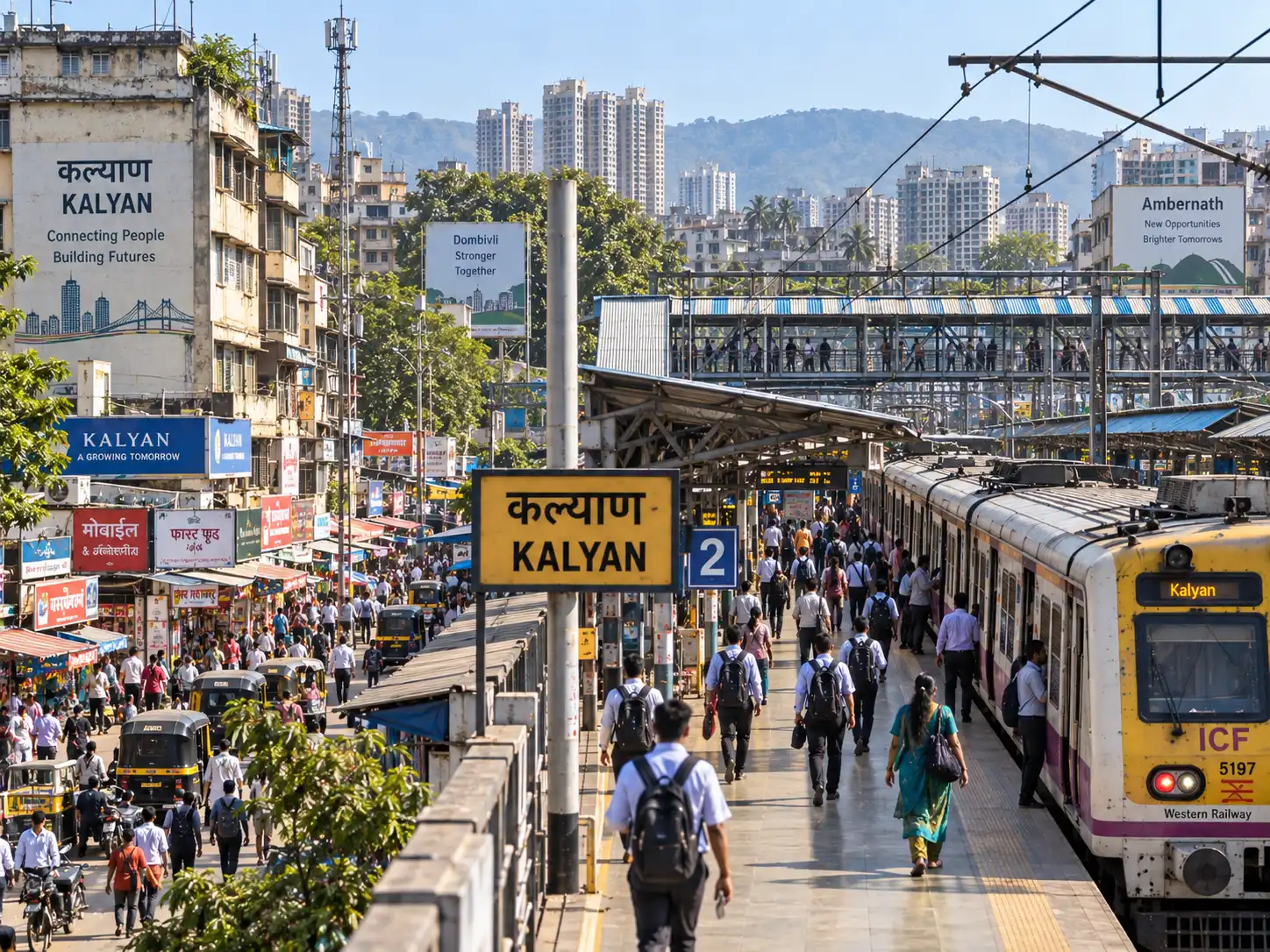 Kalyan railway station platform with commuters and a local train