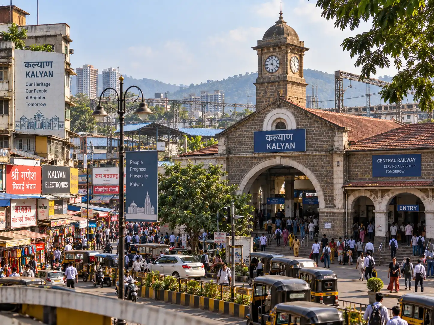 Kalyan railway station clock tower and market street
