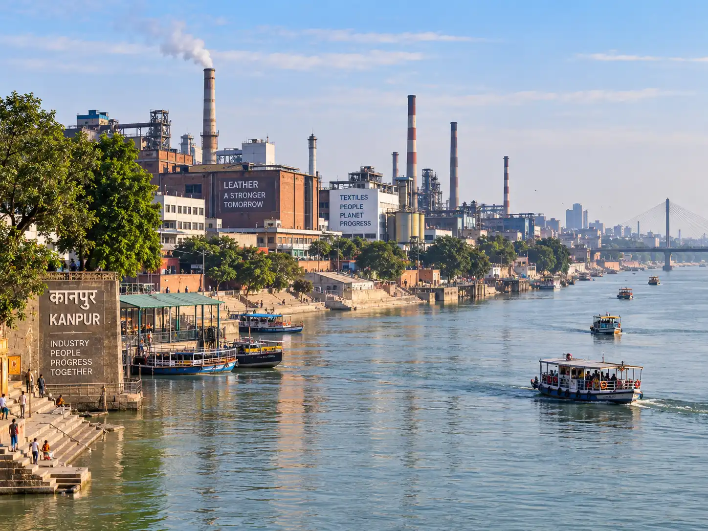 Ganges riverfront with industrial skyline in Kanpur