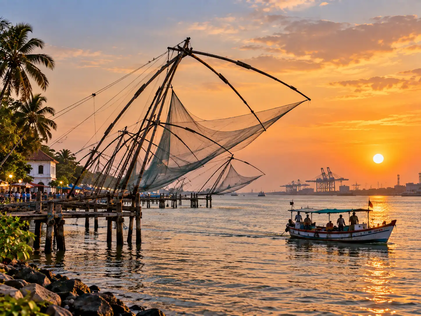 Chinese fishing nets at sunset in Kochi