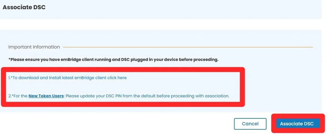 MCA Associate DSC page with instructions to ensure emBridge is running and DSC plugged in