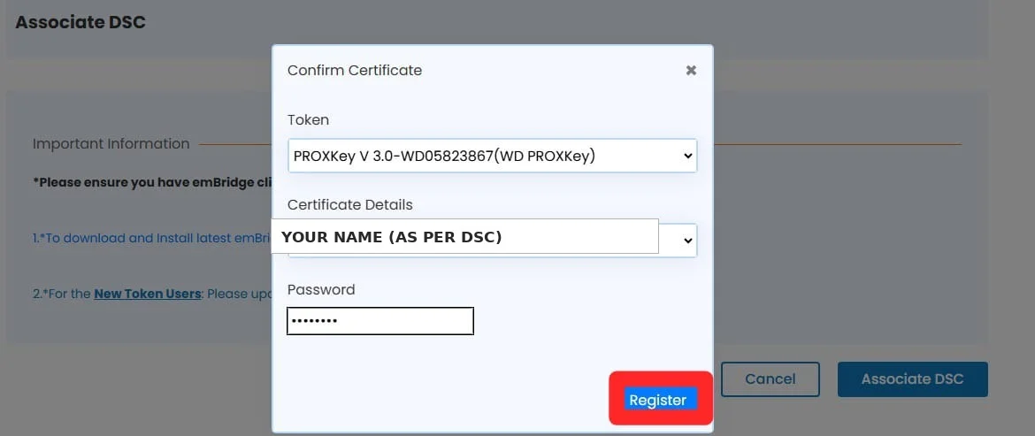 MCA Confirm Certificate dialog showing token selection, certificate details and password fields