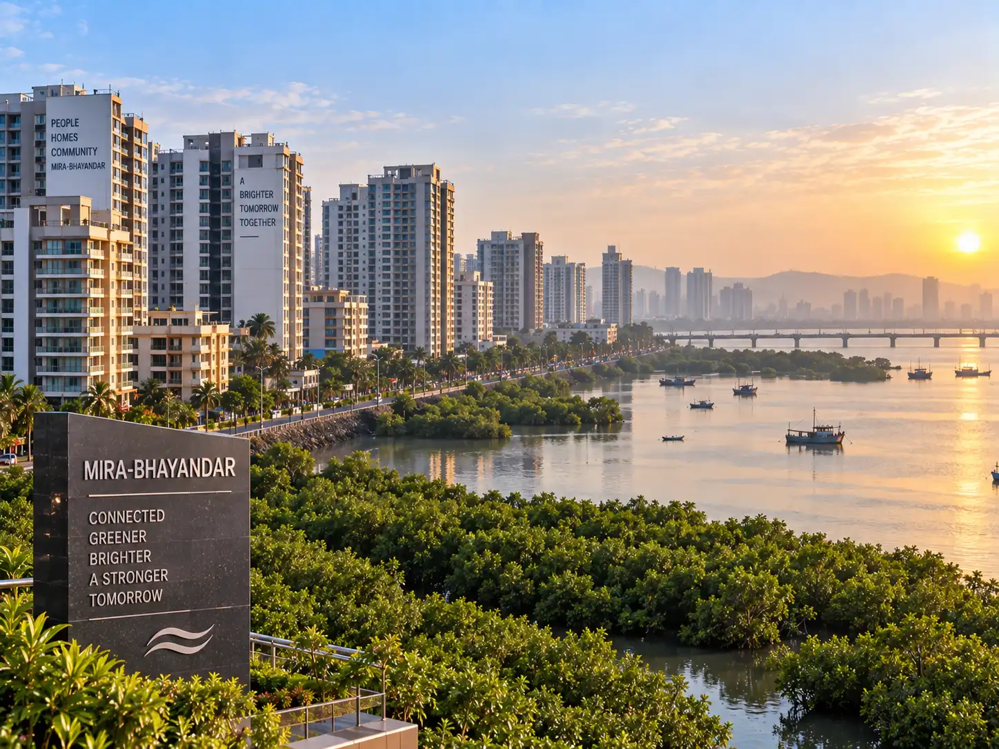 Mira-Bhayandar residential skyline along the creek at sunset