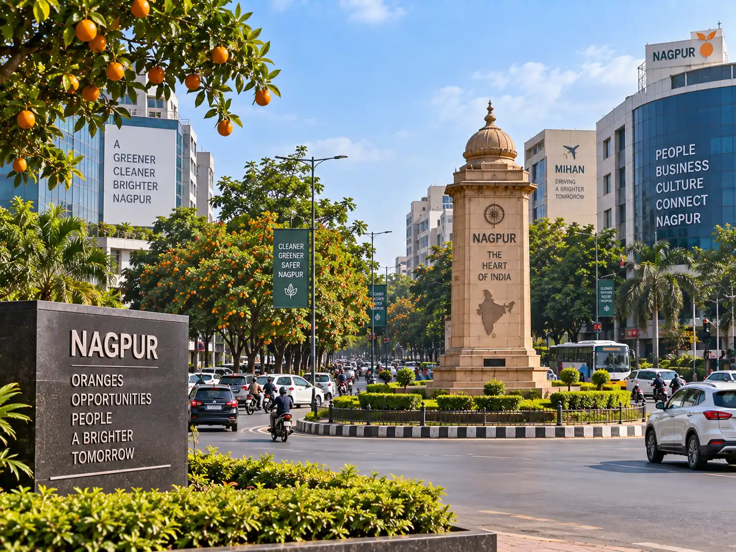 Nagpur city square with the Zero Mile milestone monument and modern buildings