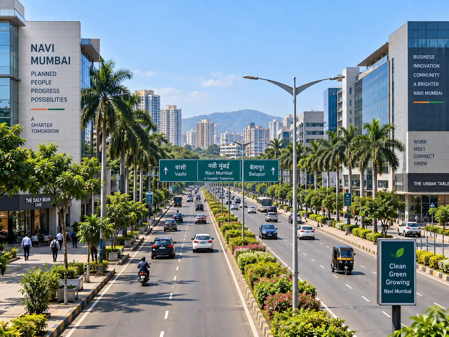 Palm-lined boulevard and business towers in Navi Mumbai