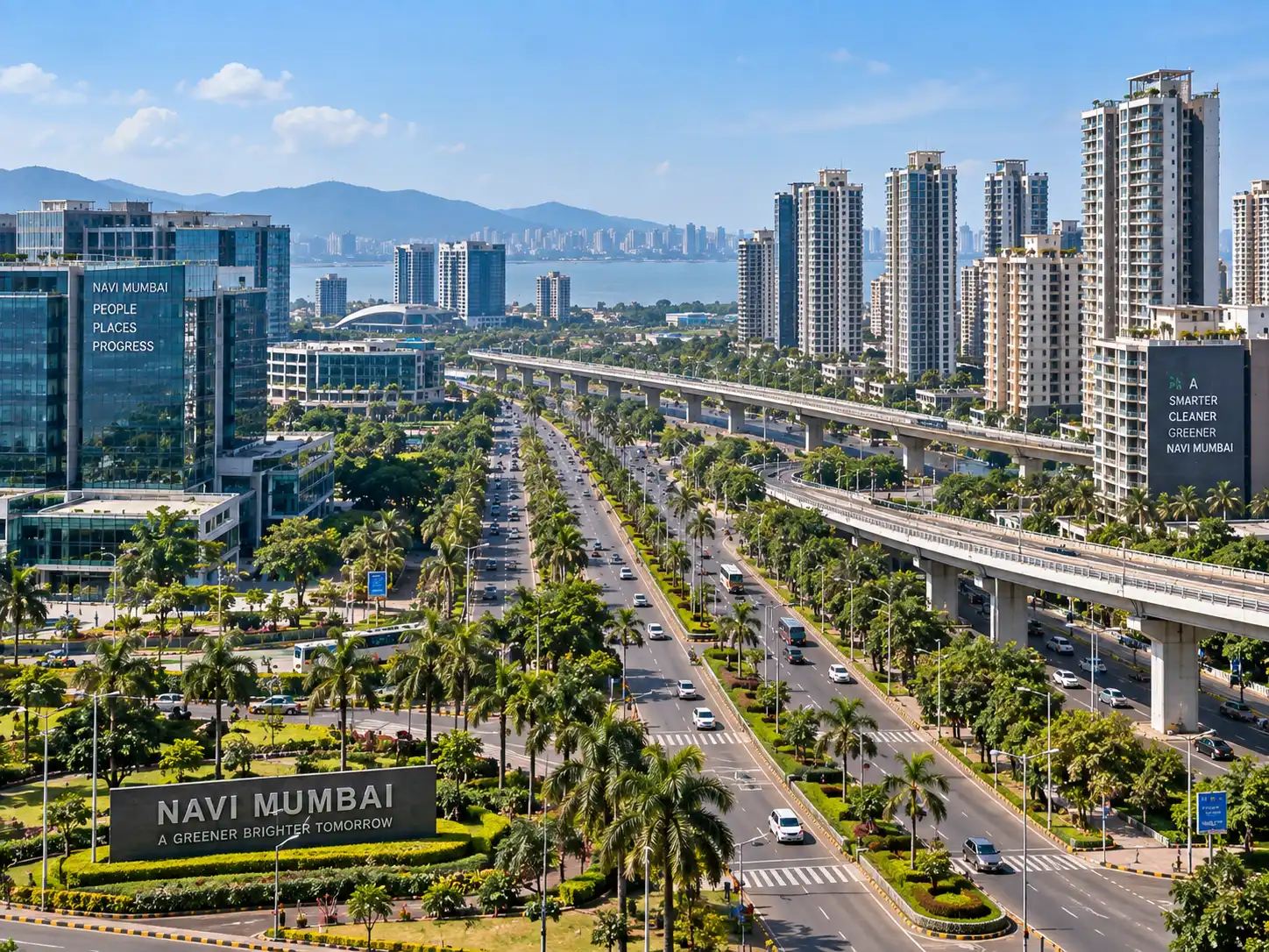 Elevated metro line and towers in Navi Mumbai