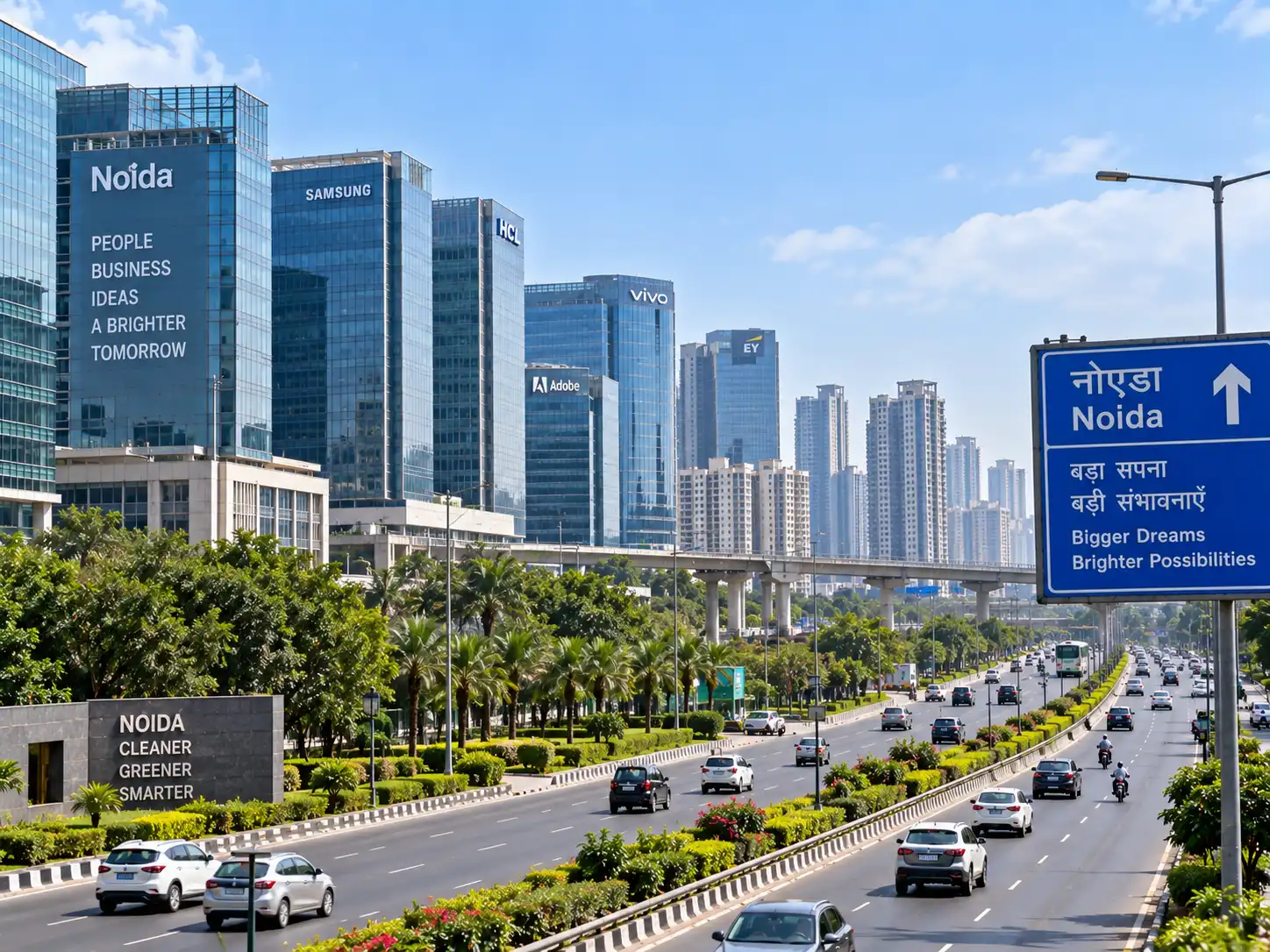 Corporate towers and highway signage in Noida