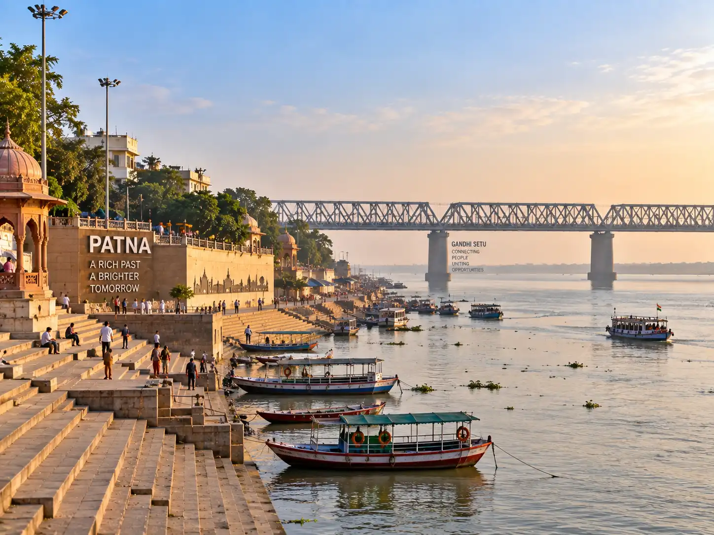 Ganges riverfront ghats near the Gandhi Setu bridge in Patna