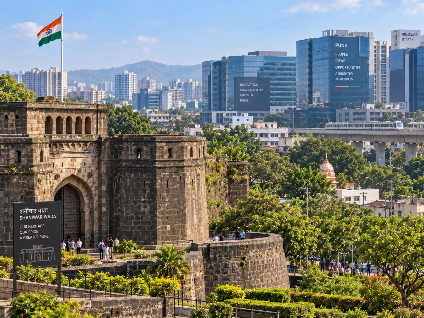 Shaniwar Wada fort with the Pune IT skyline behind it