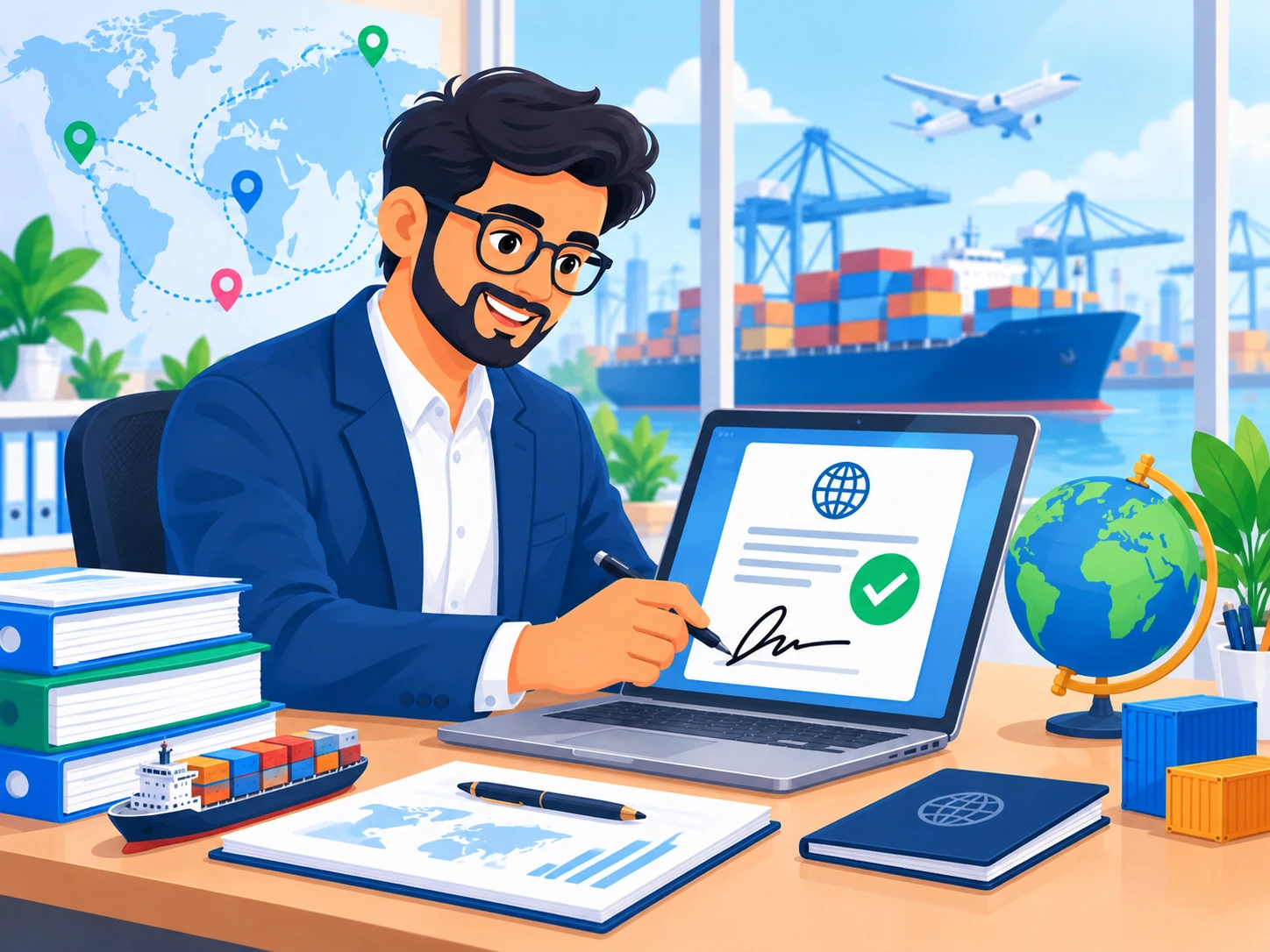 Professional registering a Digital Signature Certificate on the DGFT portal with a world trade map in the background
