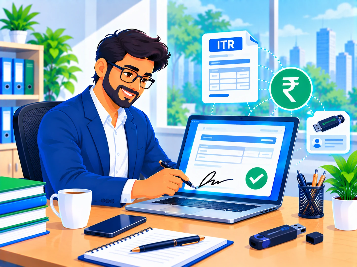 Professional registering a DSC on the income tax e-filing portal with an ITR document and rupee icon nearby