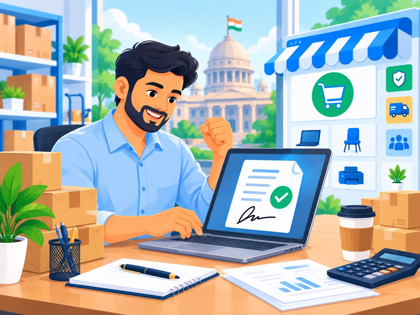 Professional registering a Digital Signature Certificate on the GeM portal, celebrating a signed bid