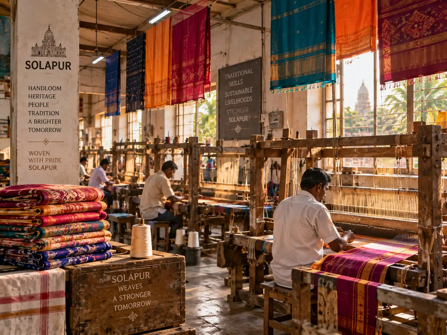 Handloom weavers at work in a Solapur textile unit