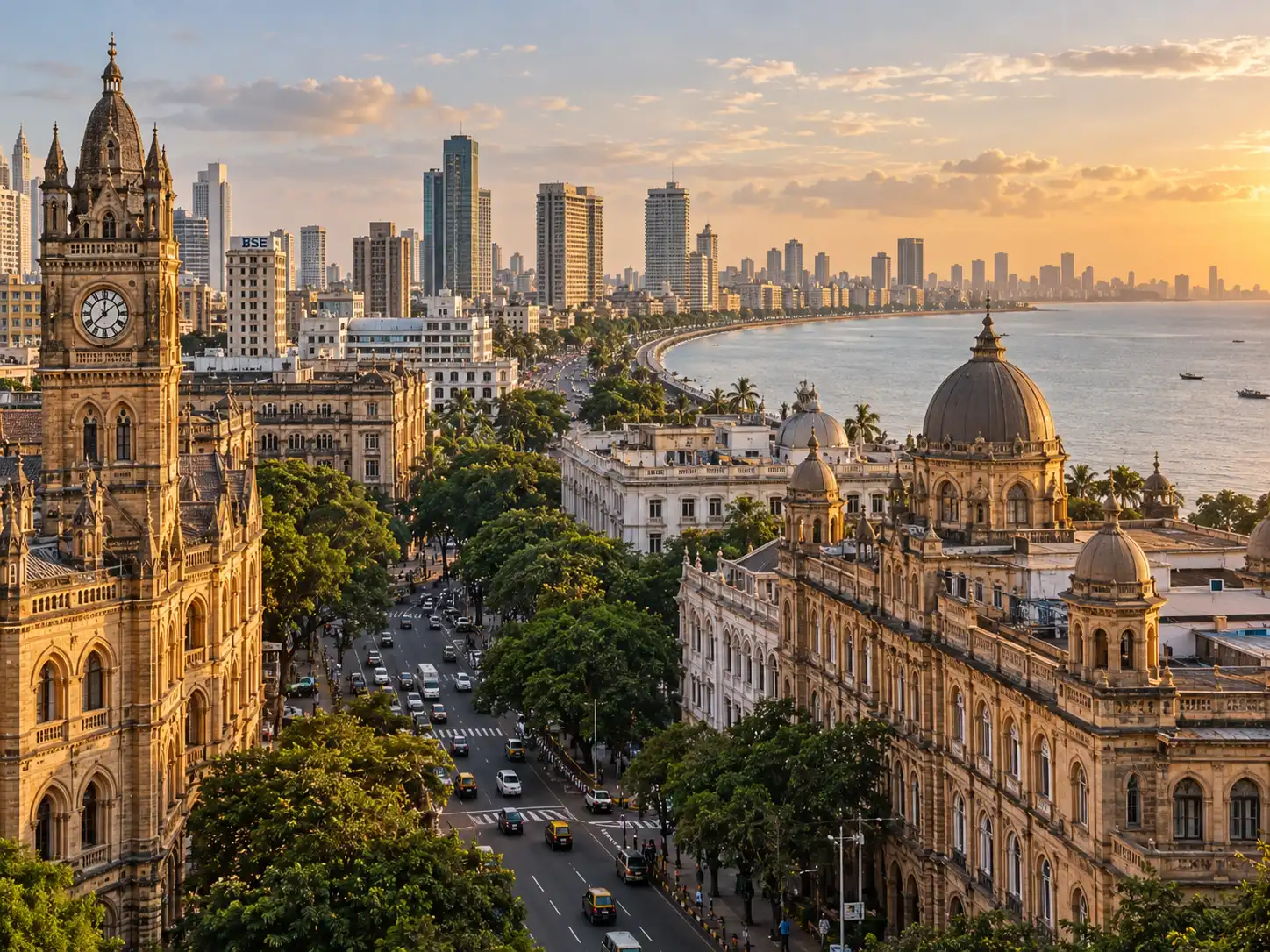 Chhatrapati Shivaji Terminus area skyline along Marine Drive in South Mumbai