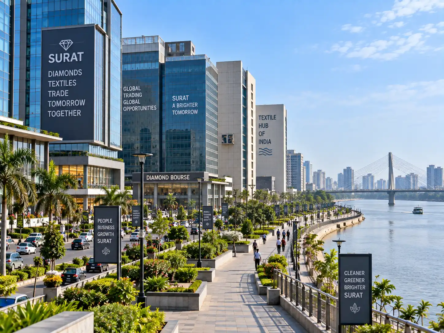 Riverfront promenade and diamond business towers in Surat