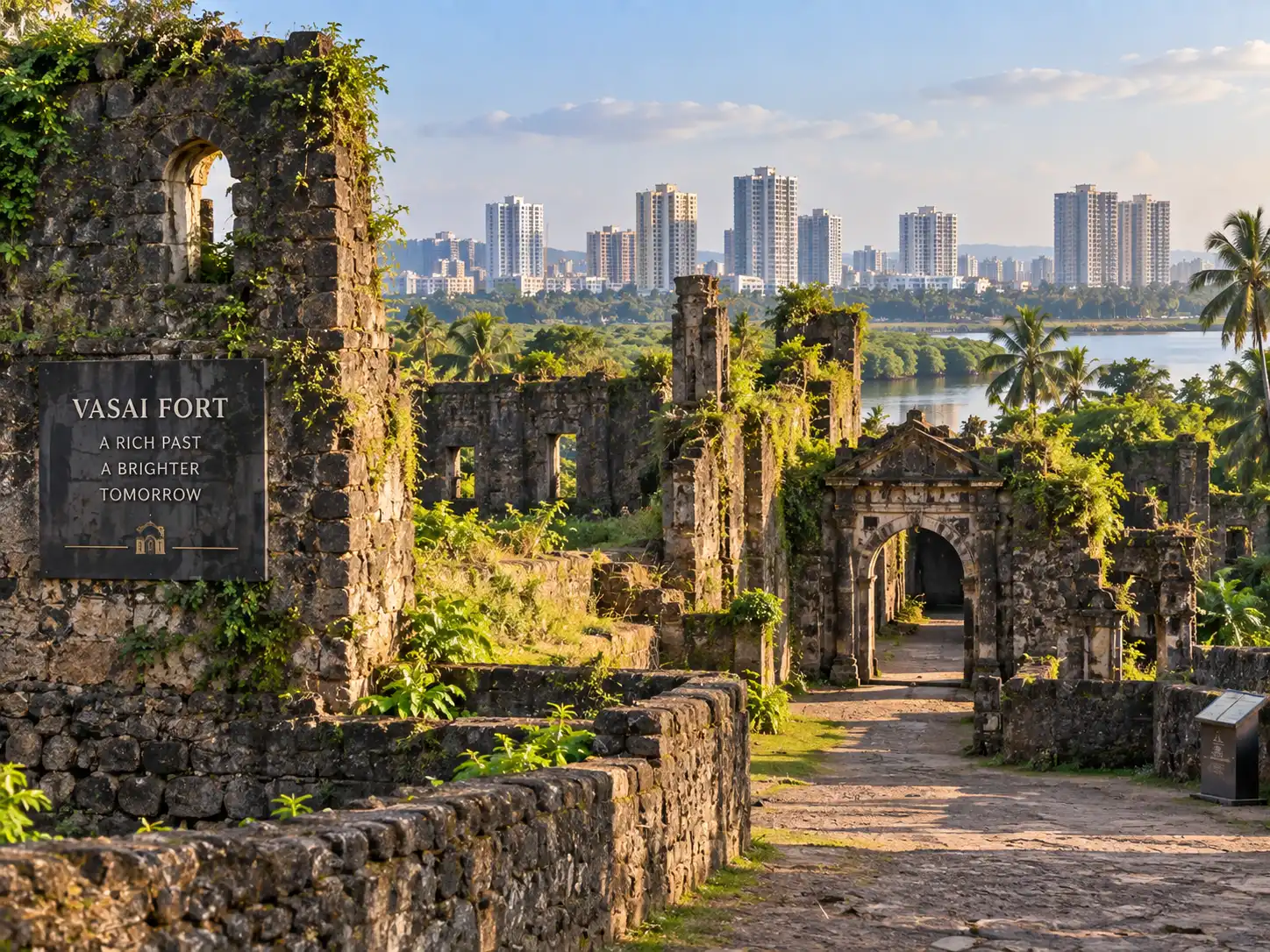 Vasai Fort ruins with the city skyline in the background