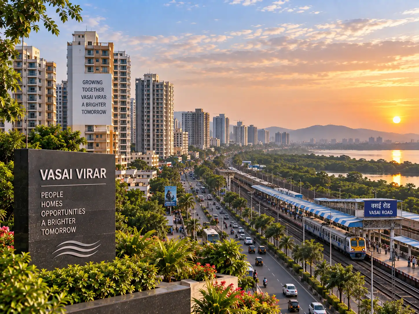 Vasai-Virar cityscape with the railway station and residential towers at sunset