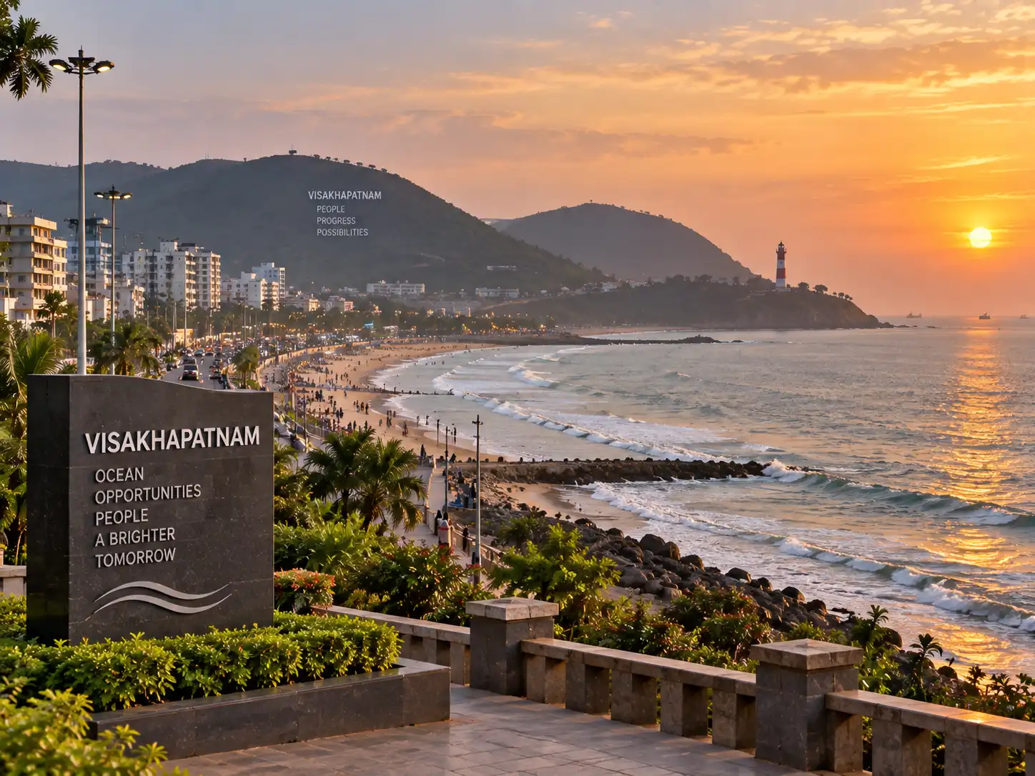 RK Beach promenade at sunset in Visakhapatnam