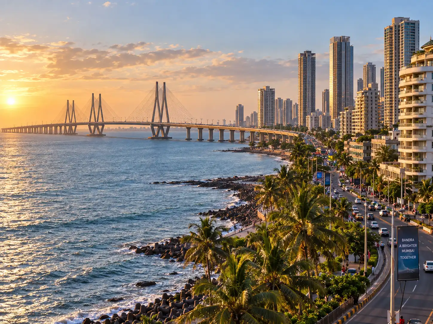 Bandra-Worli Sea Link and Mumbai's western suburbs skyline at sunset